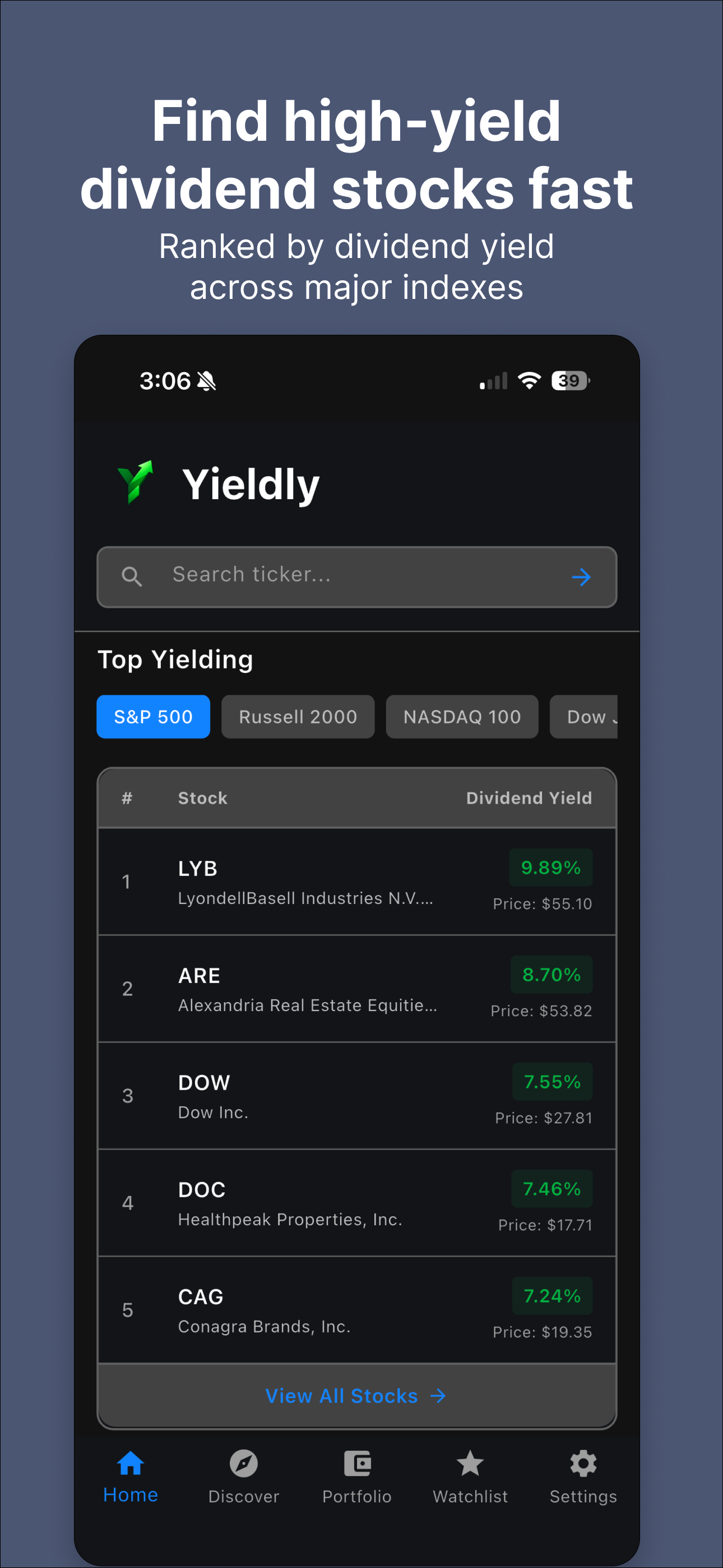 Yieldly screenshot - discover dividend stocks